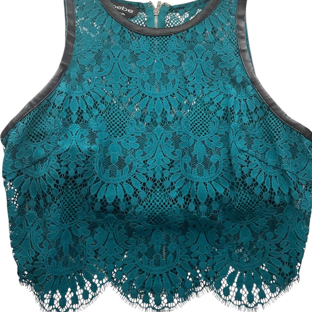 Bebe Teal,emerald green Lace, Leather trim, sleeveless, crop top, Large - Picture 7 of 7